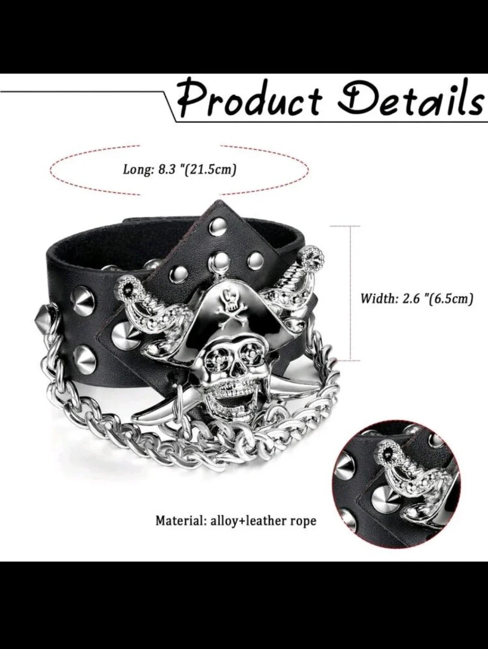 Pirate Skull Studded Leather Bracelet with Chain - Black